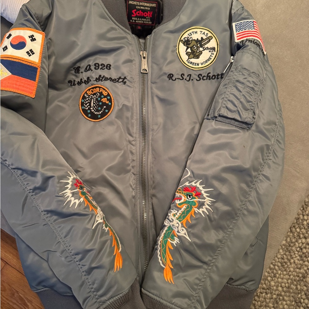 Schott NYC Gray Bomber Jacket with Patches